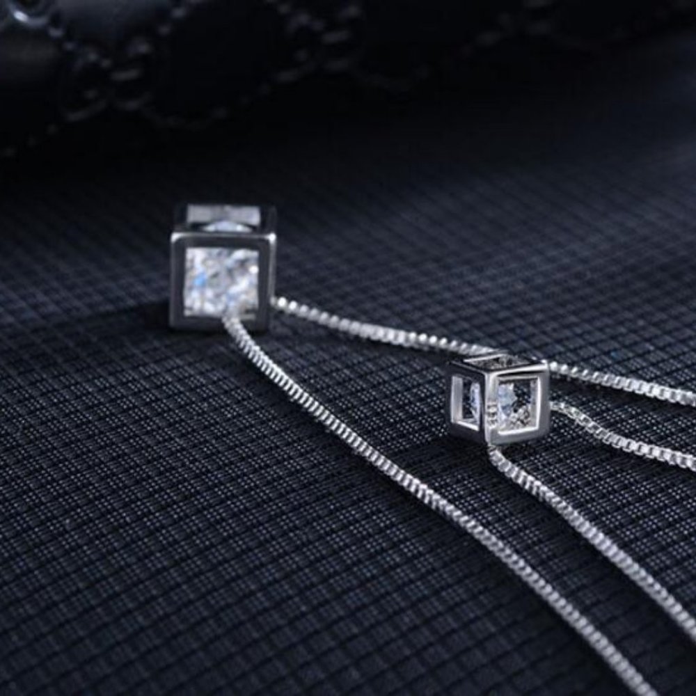 NEW 925 Sterling Silver Diamond Cube Necklace - Picture 2 of 8
